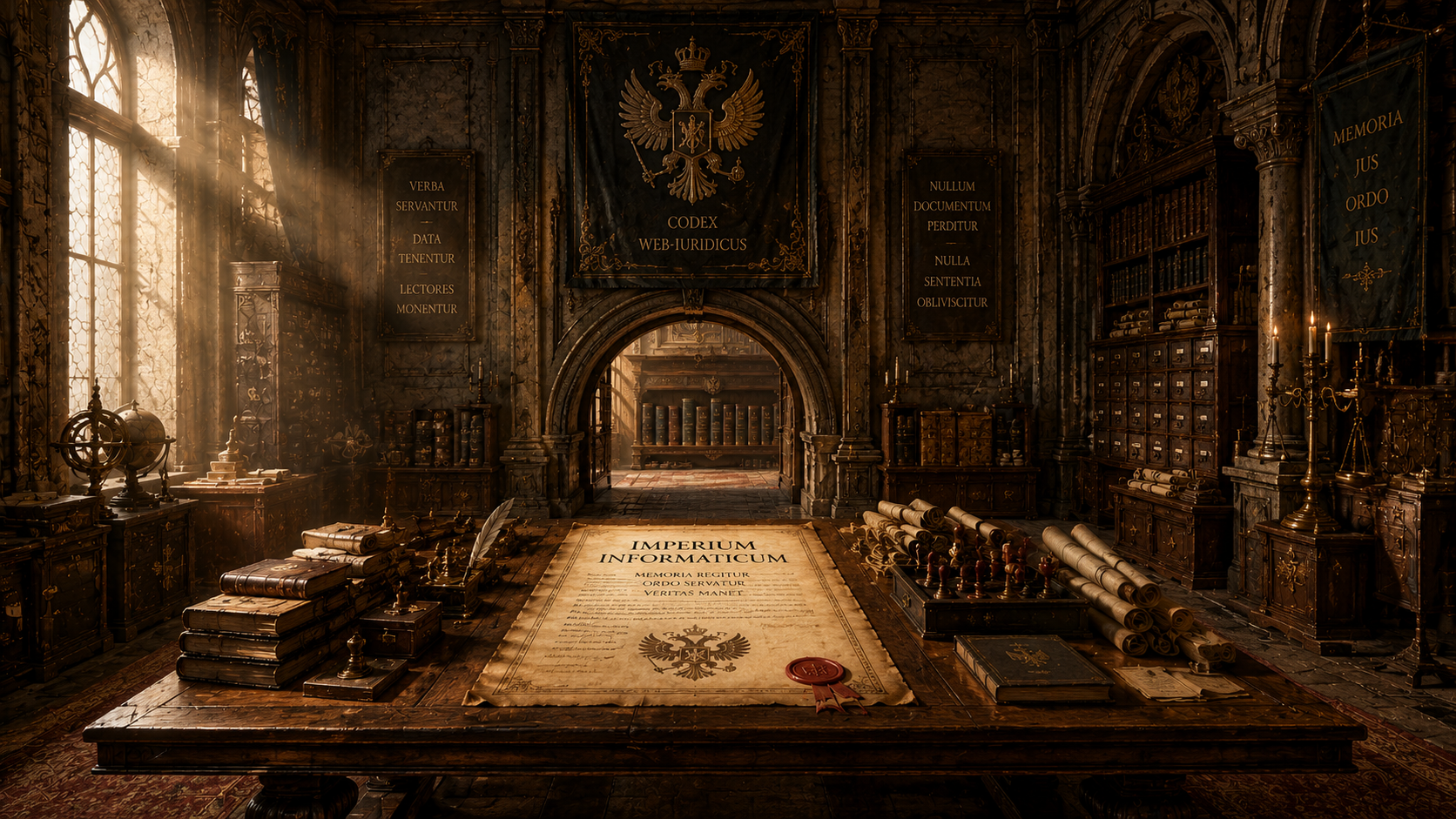 Aula Imperii con registri, tavolo e luce archivistica
