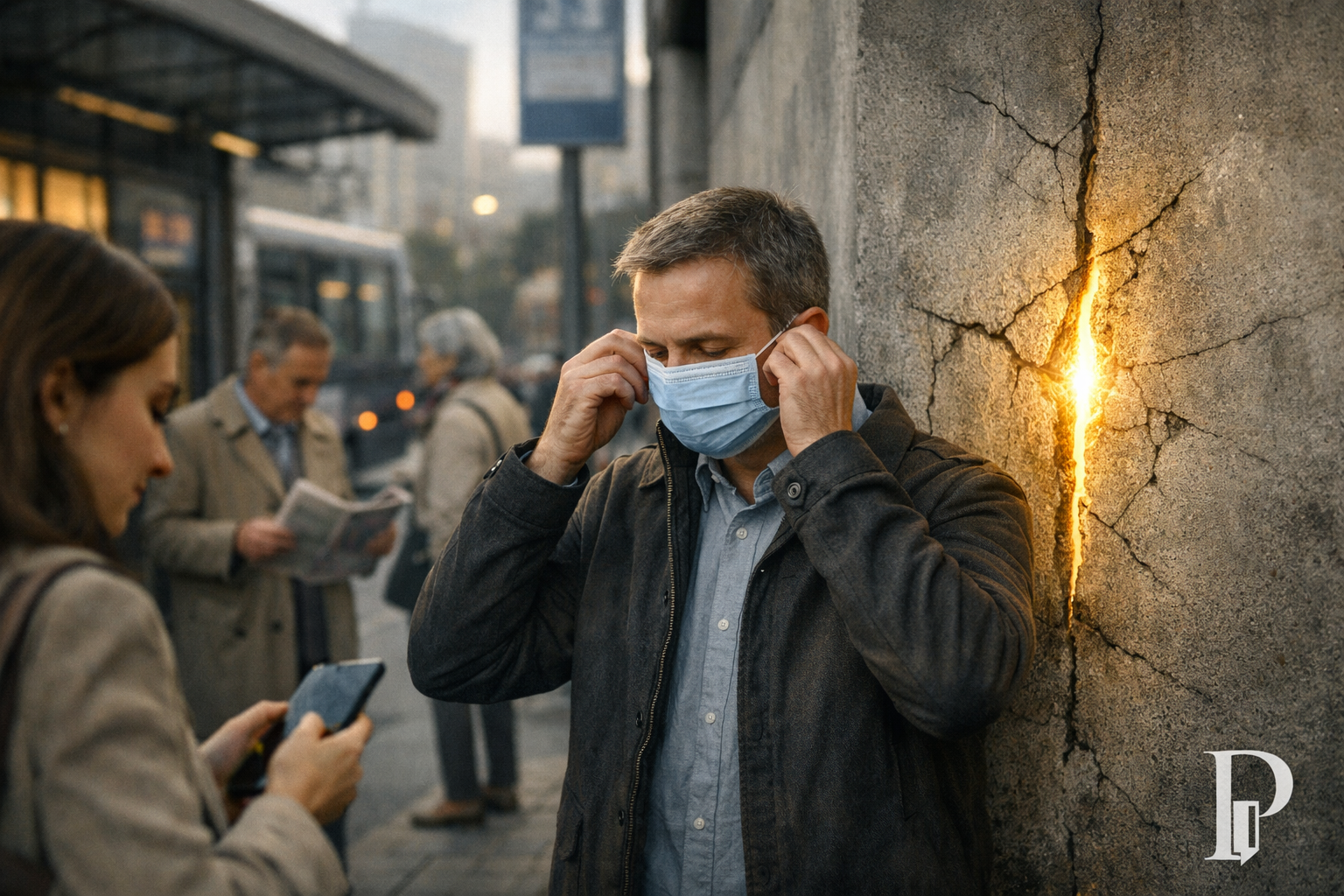 Un uomo indossa una mascherina, una donna fa scrolling con il suo cellulare. Una immagine che non parla di pandemia, ma di adeguamento, di abitudine, di quella piccola correzione che facciamo senza pensarci, perché “si fa così”, perché il potere sottile ce lo impone