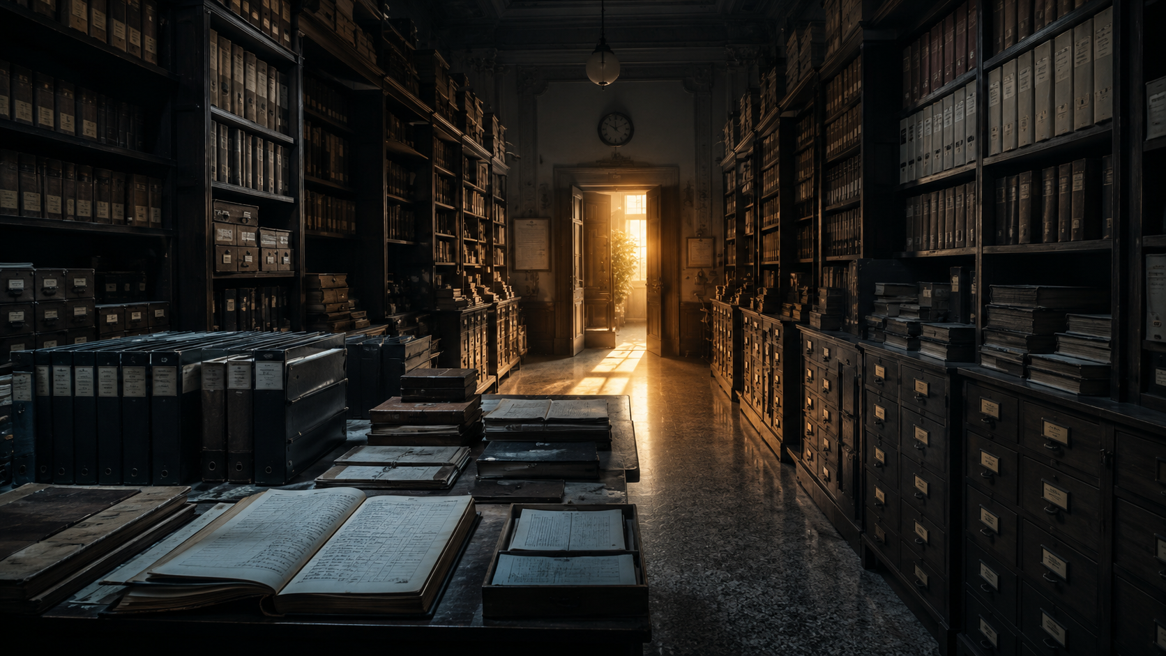 Archivio ordinato con scaffali metallici, registri e una luce calda oltre una porta aperta