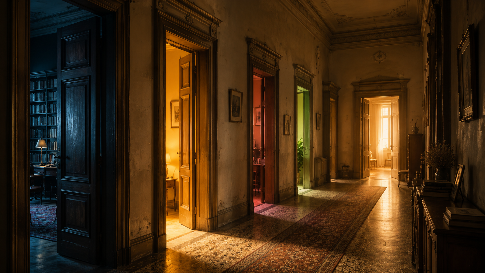 Corridoio di una casa antica con porte socchiuse illuminate da luci diverse