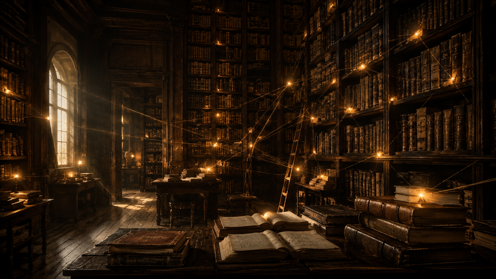 Biblioteca antica con libri collegati da sottili fili luminosi