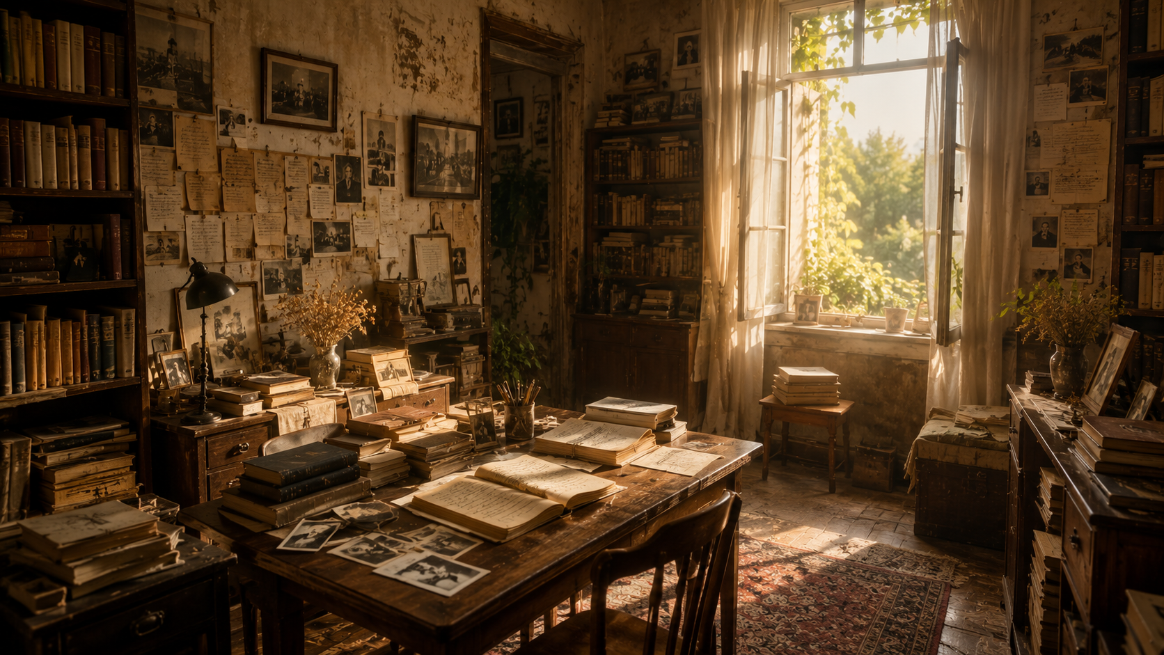 Studio luminoso e vissuto con libri, fotografie, appunti e finestra aperta