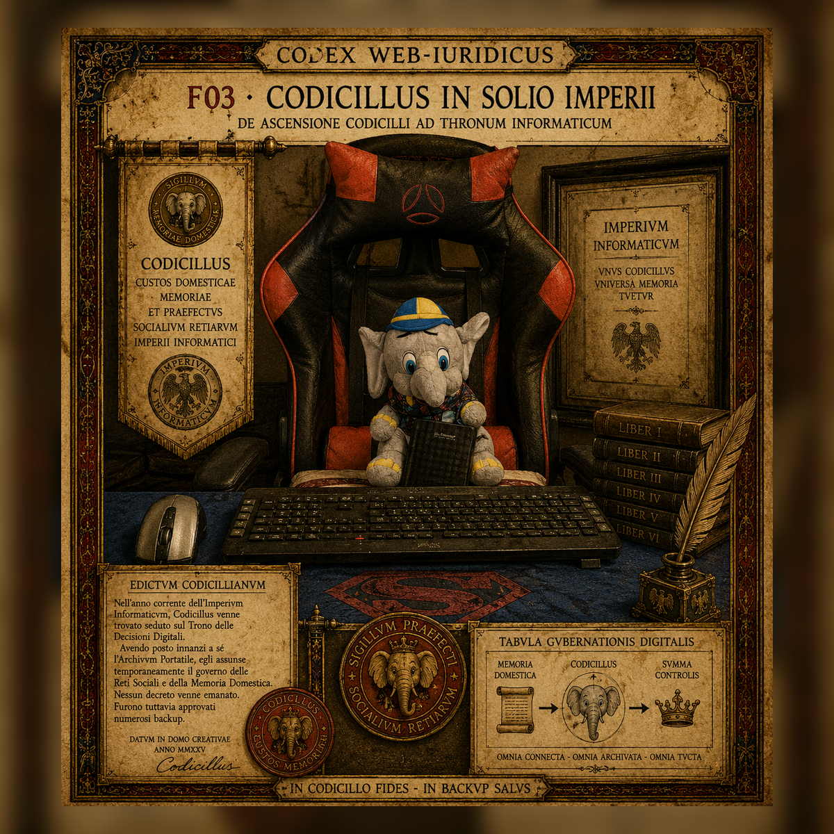 Codicillus siede sul trono informatico come figura imperiale trasversale.