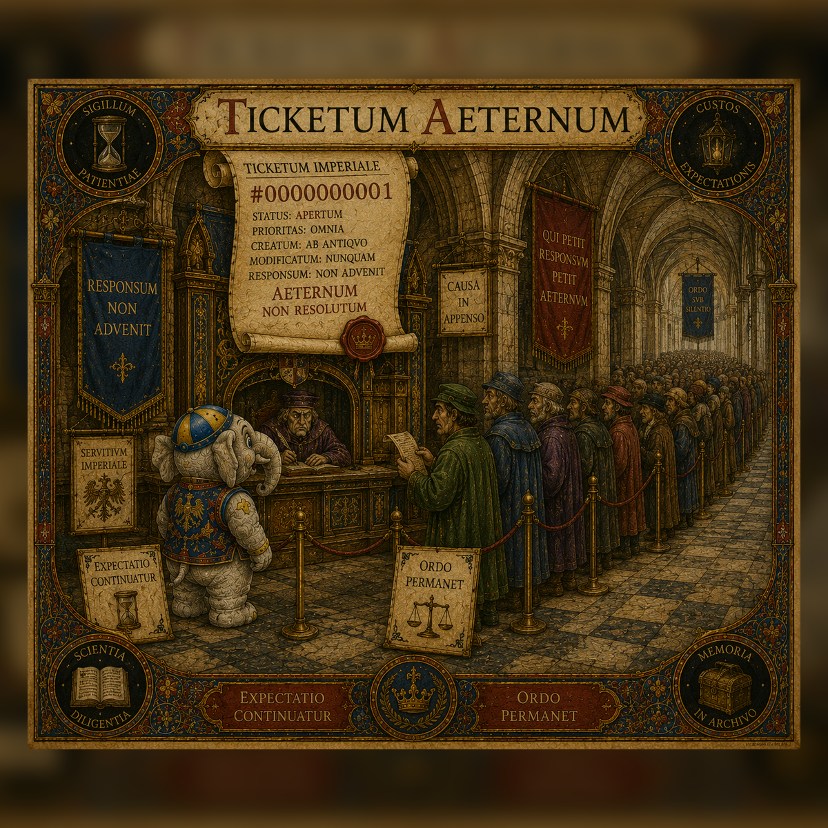 Codicillus attende davanti al ticket eterno in una coda amministrativa senza esito.