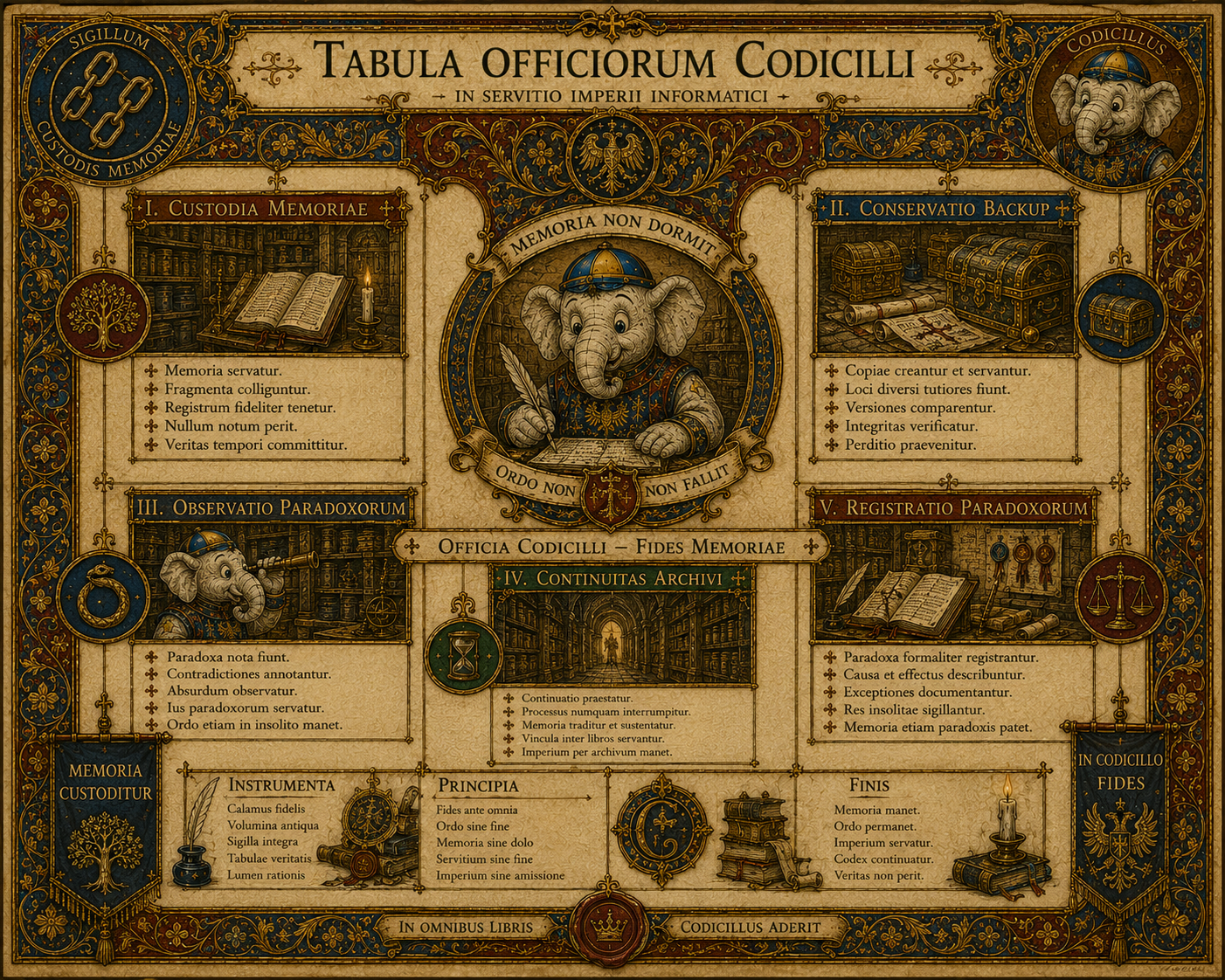 Tabula degli uffici di Codicillus: memoria, backup, continuita, osservazione e registrazione.