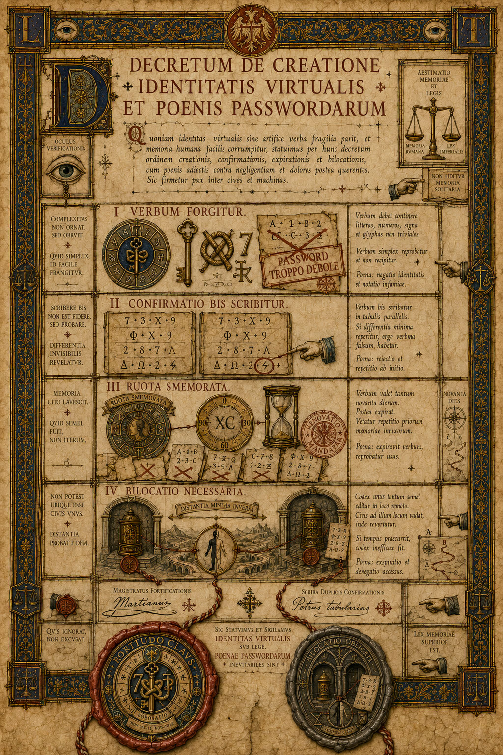 Decreto imperiale in quattro articoli sulla password, la doppia conferma, la Ruota Smemorata e la bilocazione, con firme e due sigilli pendenti.