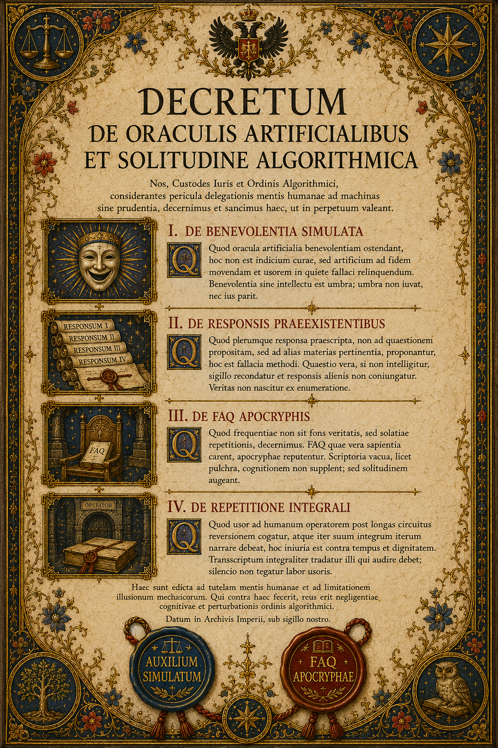 Decreto imperiale sugli oracoli artificiali, le risposte preesistenti, le FAQ apocrife e la ripetizione integrale.