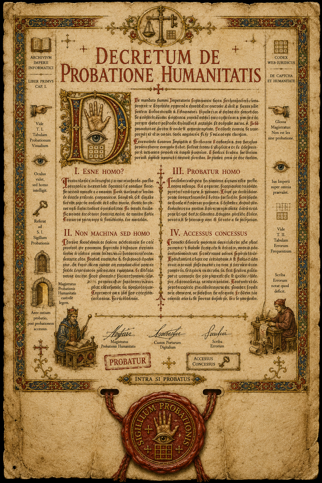Decreto miniato sulla prova di umanità, con quattro articoli, glosse, firme, Magistratus, Scriba e grande sigillo pendente.