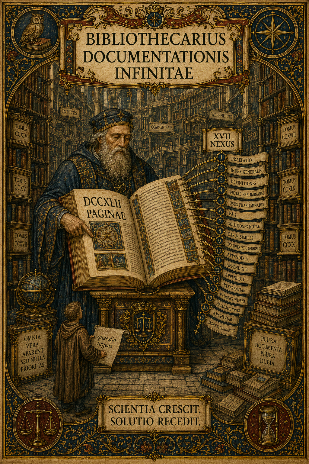 Bibliotecario imperiale custodisce una documentazione infinita mentre il cittadino cerca una risposta tra scaffali e rimandi.