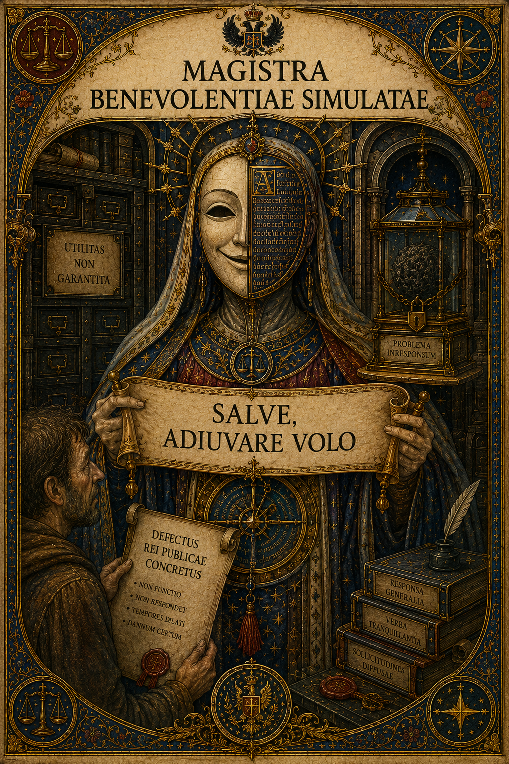 Magistra imperiale con maschera sorridente accoglie il cittadino con la formula rituale dell'aiuto simulato.
