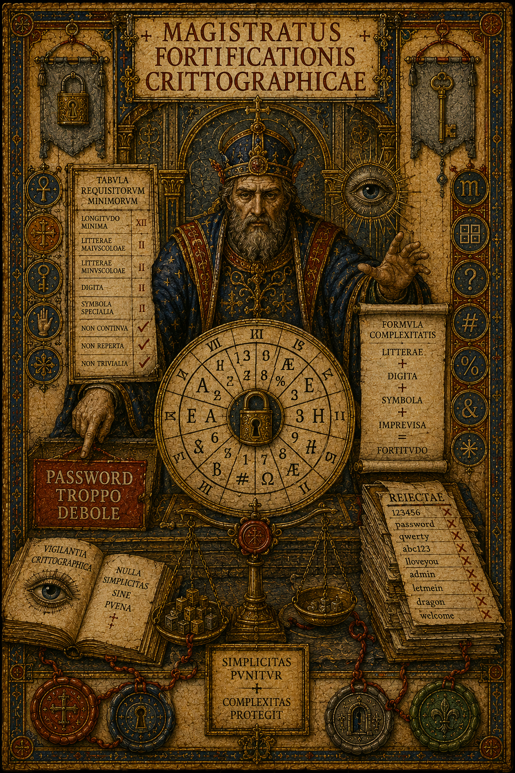 Magistrato crittografico davanti alla ruota dei requisiti, con avviso Password troppo debole, occhio di verifica e password respinte.