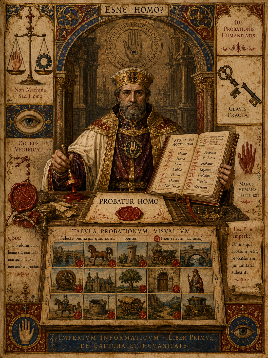 Magistrato imperiale davanti alla tavola della prova di umanità, con registro, sigillo, bilancia e iscrizione Probatur Homo.