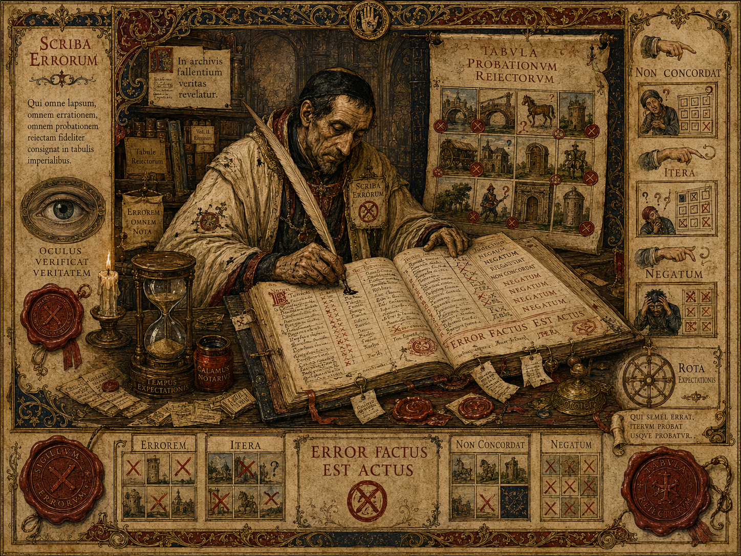 Scriba medievale registra errori e dinieghi fra griglie cancellate, timbri, clessidra e formula Error Factus Est Actus.