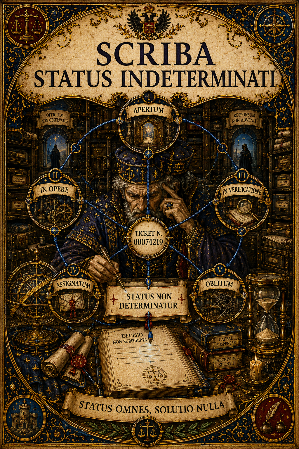 Scriba imperiale circondato dai cinque stati del ticket, con decisione non sottoscritta e formula status non determinatur.