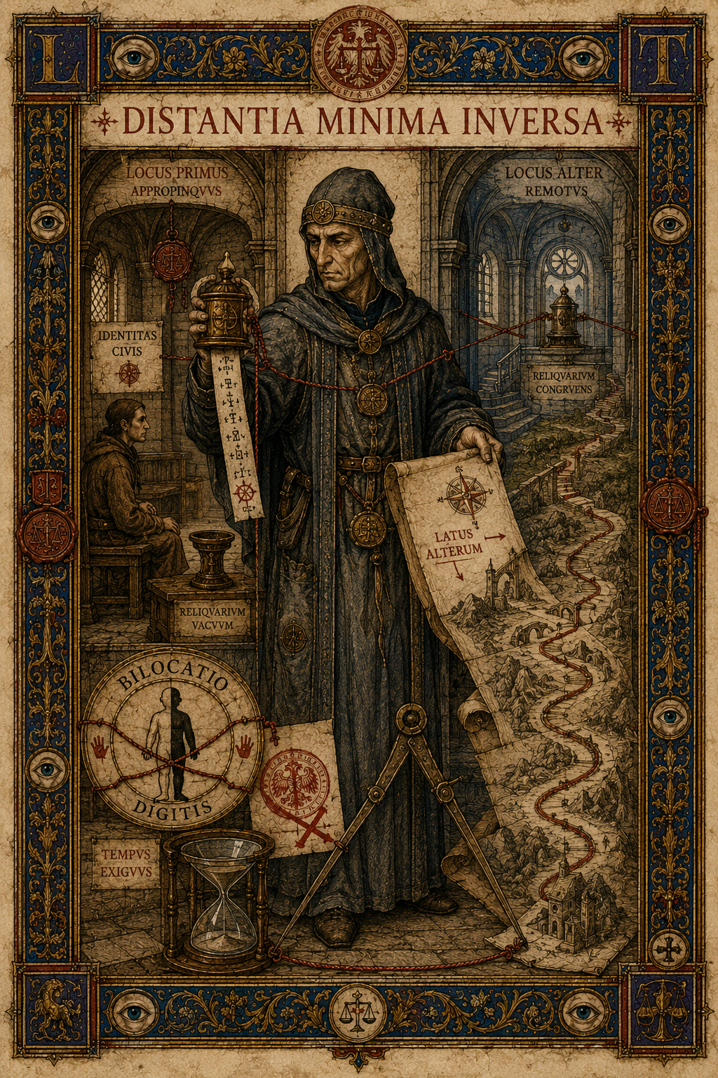 Custode in veste grigio ardesia fra un luogo vicino e uno remoto, con codice, clessidra, compasso e lunga carta del percorso.