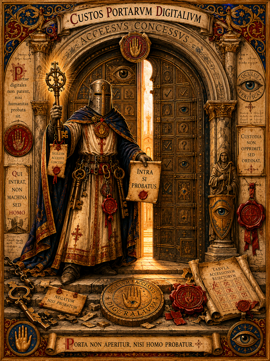 Guardiano imperiale davanti a una porta socchiusa e luminosa, con chiavi, sigilli e cartiglio Intra Si Probatus.
