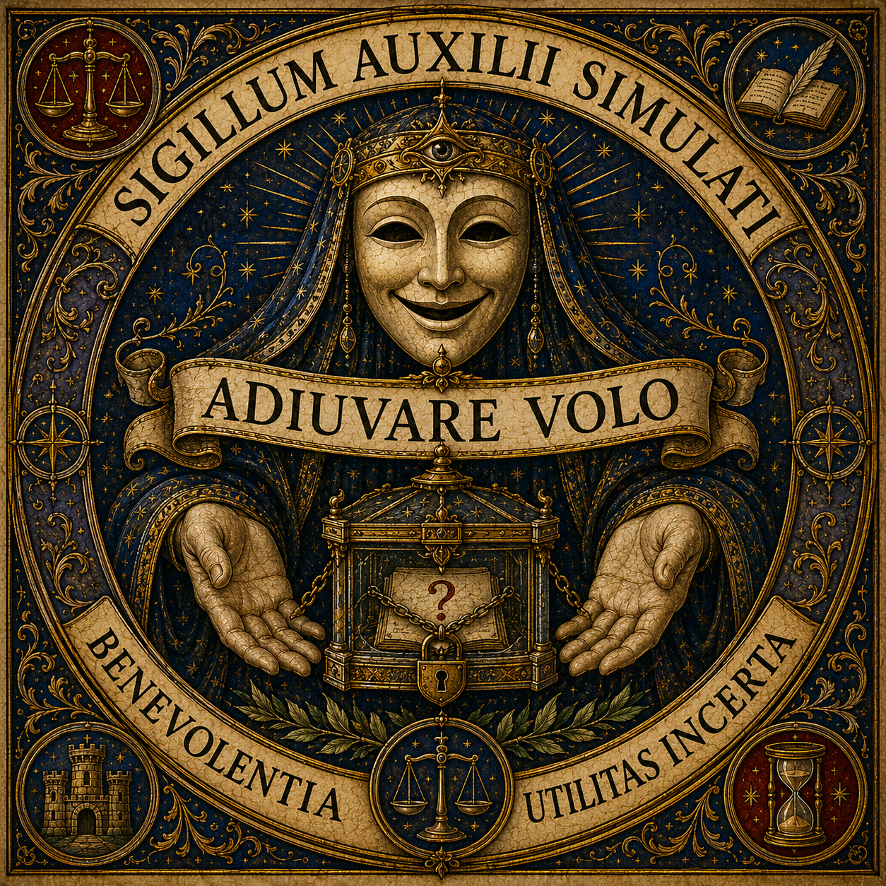 Sigillo quadrato dell'aiuto simulato con volto sorridente, mani aperte e contenitore del dubbio.