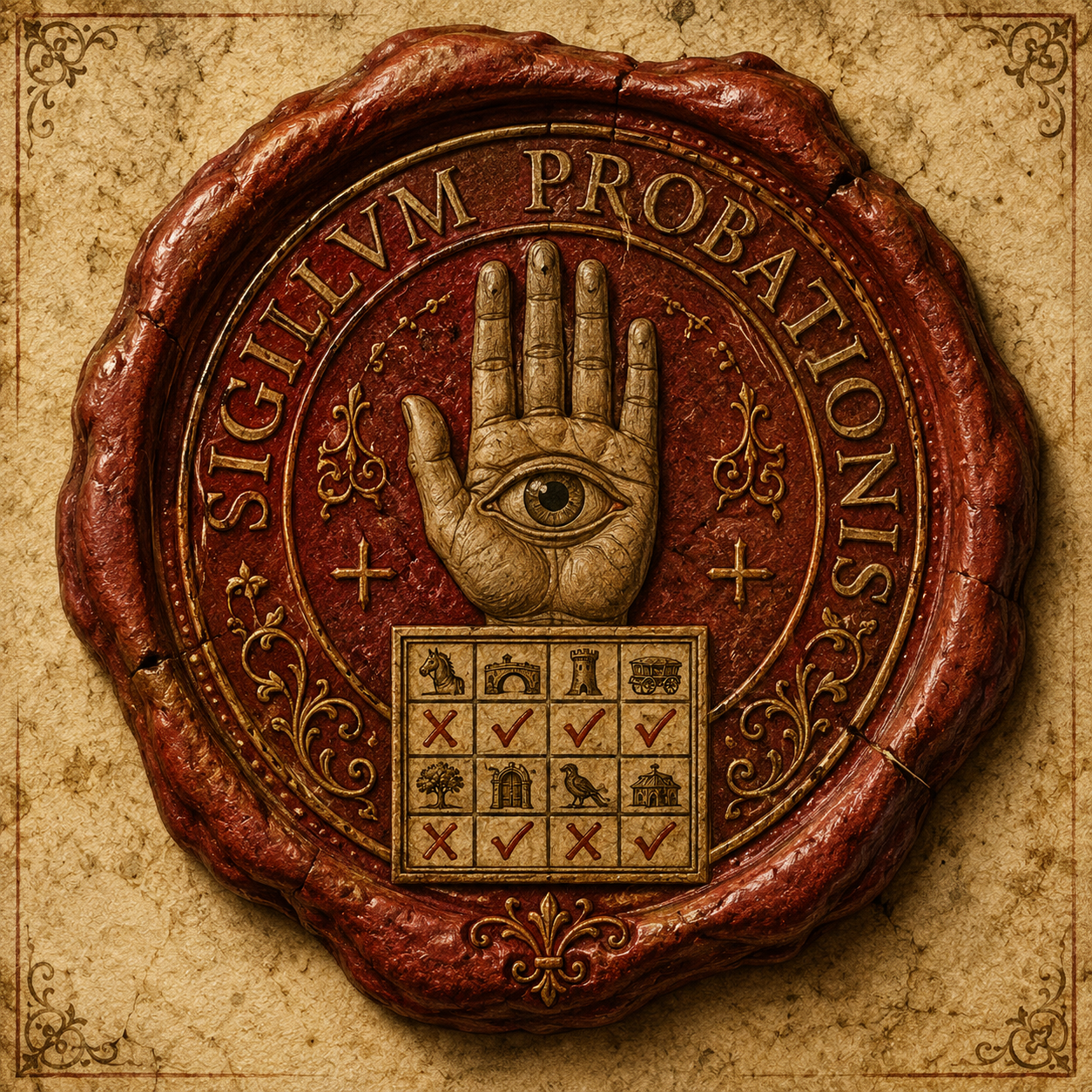 Sigillo rosso della prova di umanità con mano, occhio di verifica, griglia e iscrizione Sigillvm Probationis.