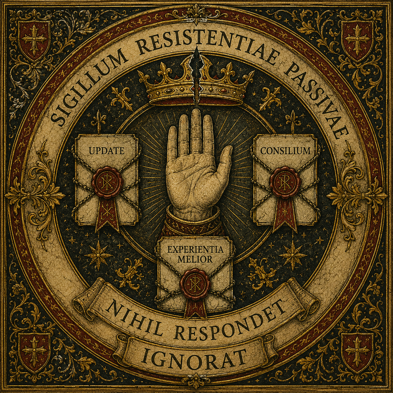 Sigillo della resistenza passiva con mano che non preme alcun pulsante e notifiche ignorate.