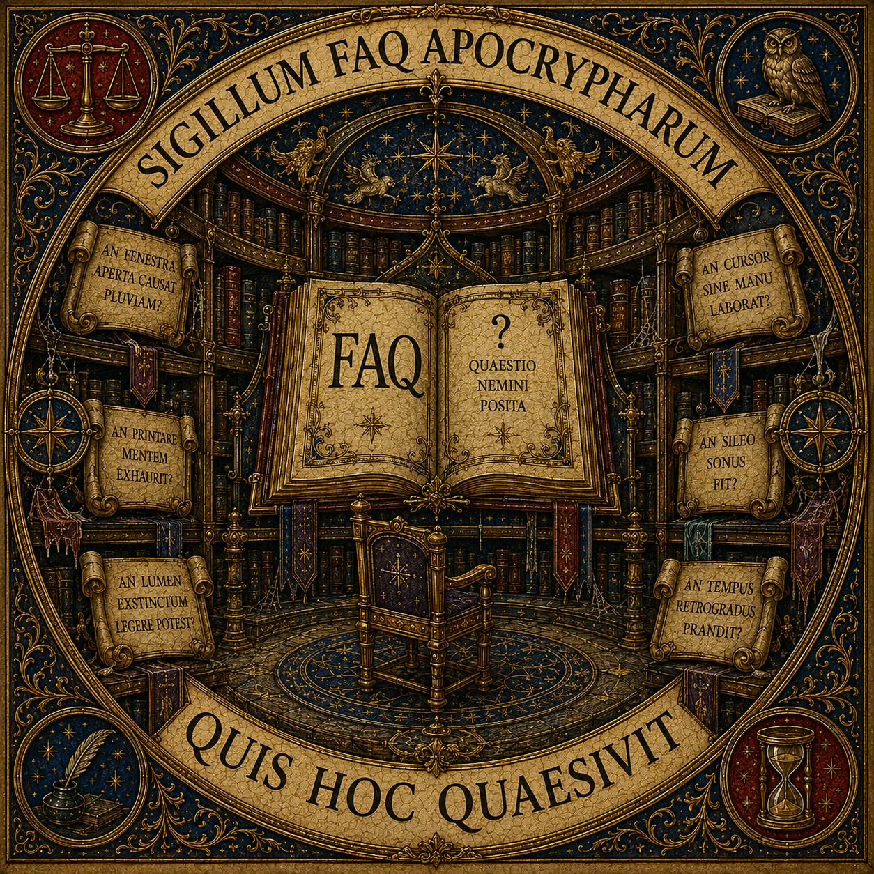 Sigillo delle FAQ apocrife con libro centrale e domanda mai posta dal cittadino.