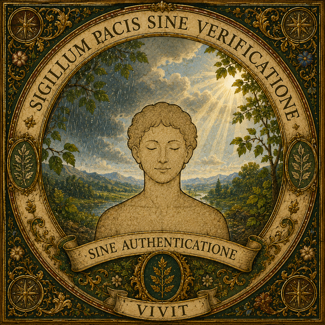 Sigillo della pace senza verifica, con figura umana riconosciuta dalla natura senza login o autenticazione.