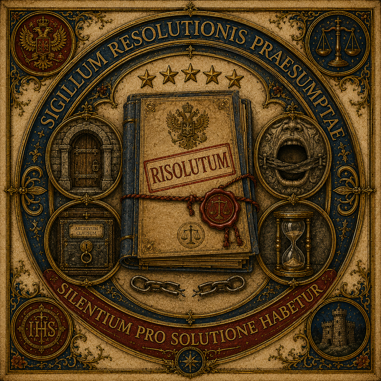 Sigillo della risoluzione presunta con dossier risolutum, cinque stelle e catena ancora visibile.