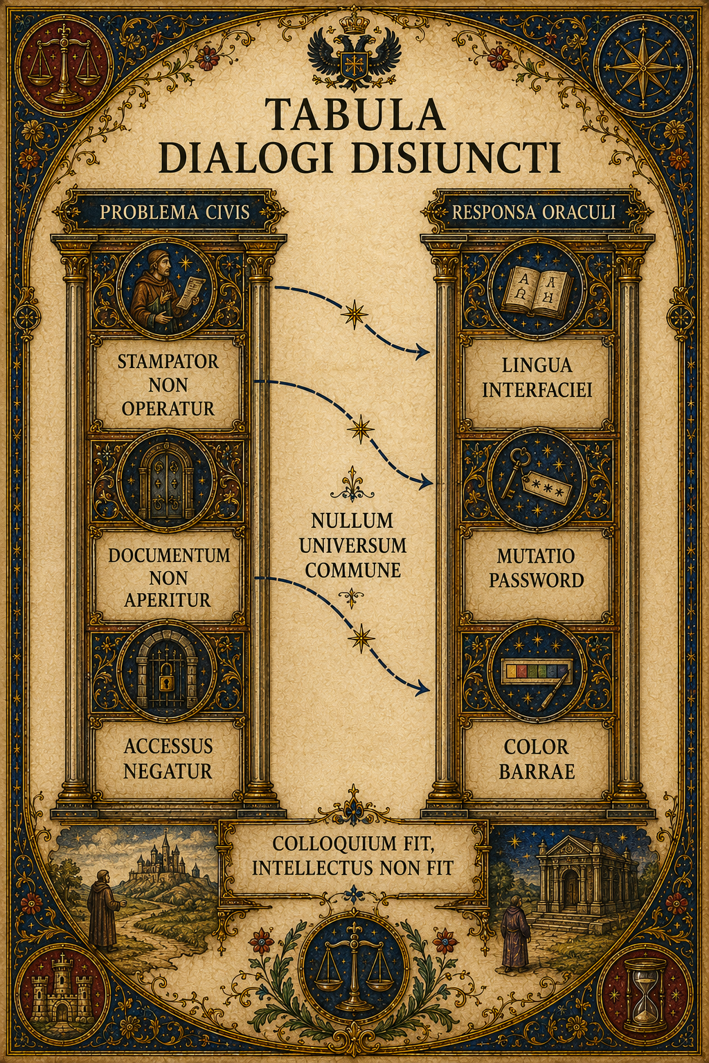 Tavola didattica con due colonne semantiche separate e frecce divergenti tra problema del cittadino e risposta dell'oracolo.