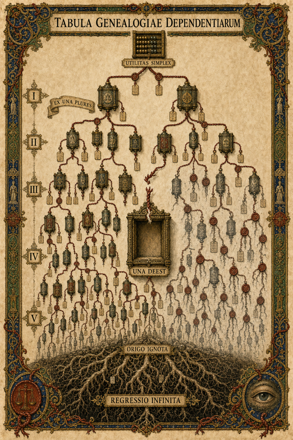 Tavola miniata della genealogia delle dipendenze con reliquiari ramificati, una lacuna centrale e radici dall'origine ignota.