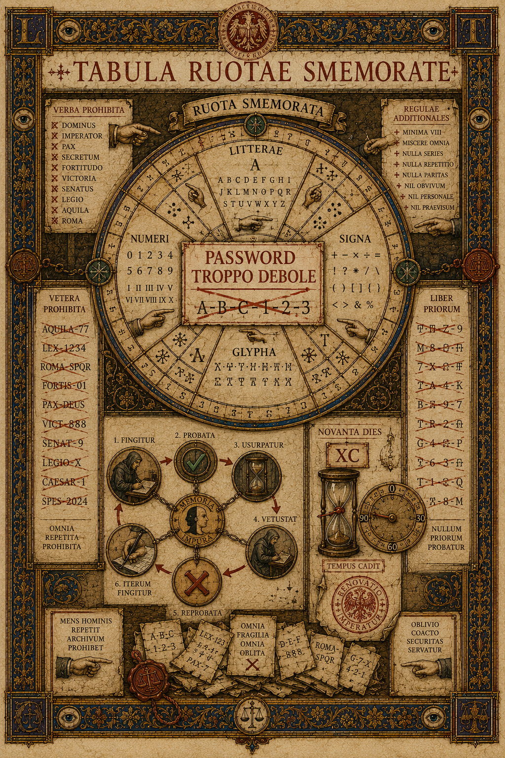 Tavola miniata con ruota dei requisiti, avviso Password troppo debole, registri annullati, ciclo della memoria e scadenza Novanta Dies.