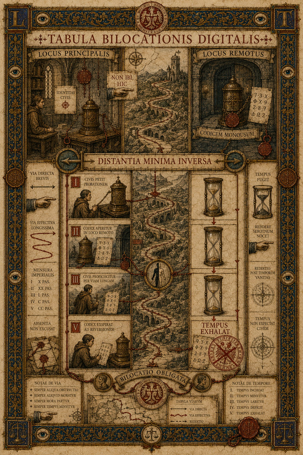 Atlante miniato con luogo principale e remoto, lungo percorso, codice monouso, clessidre successive e timbro Tempus Exhalat.