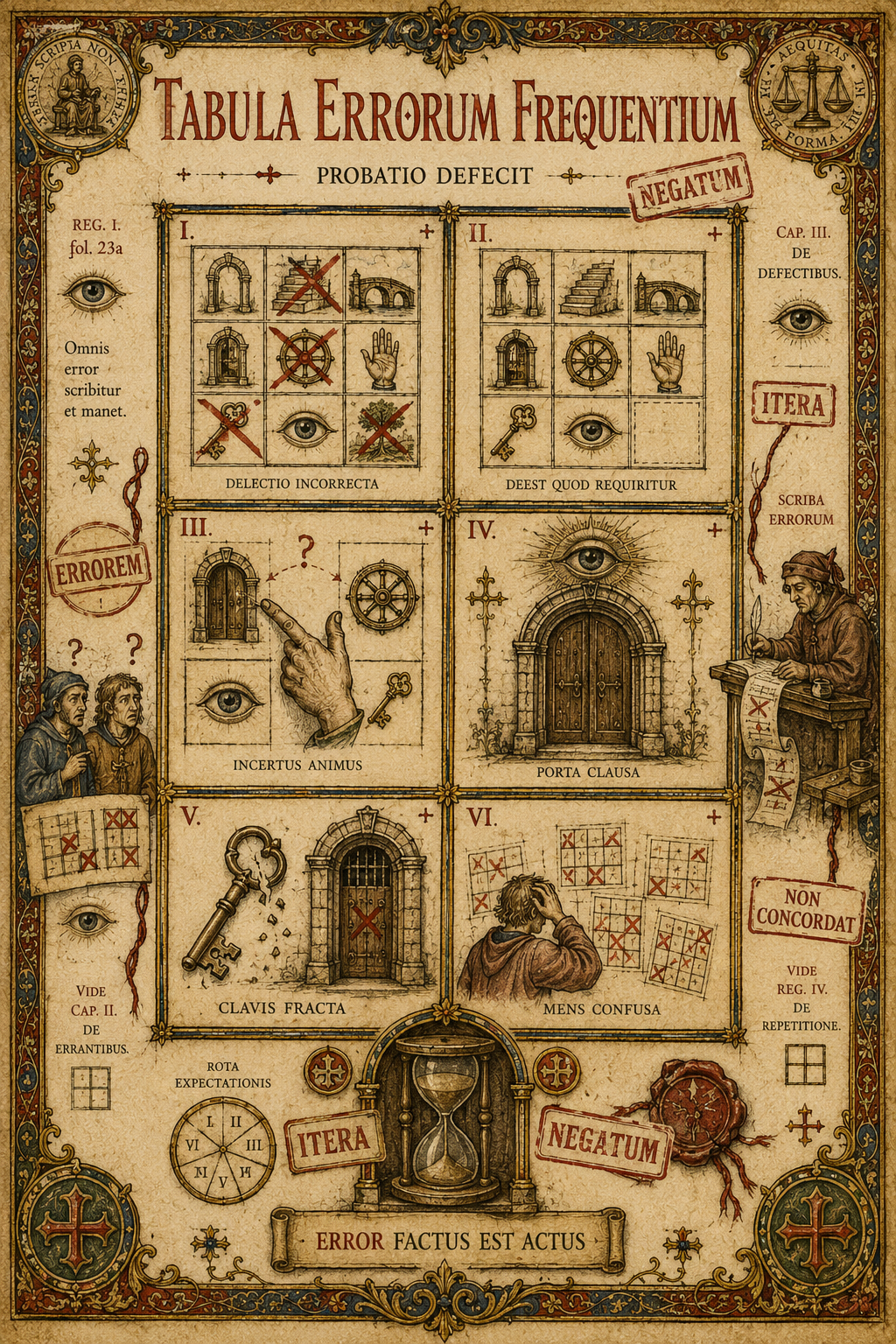 Registro miniato di sei errori della prova, con griglie fallite, porta chiusa, chiave spezzata, Scriba, timbri e clessidra.