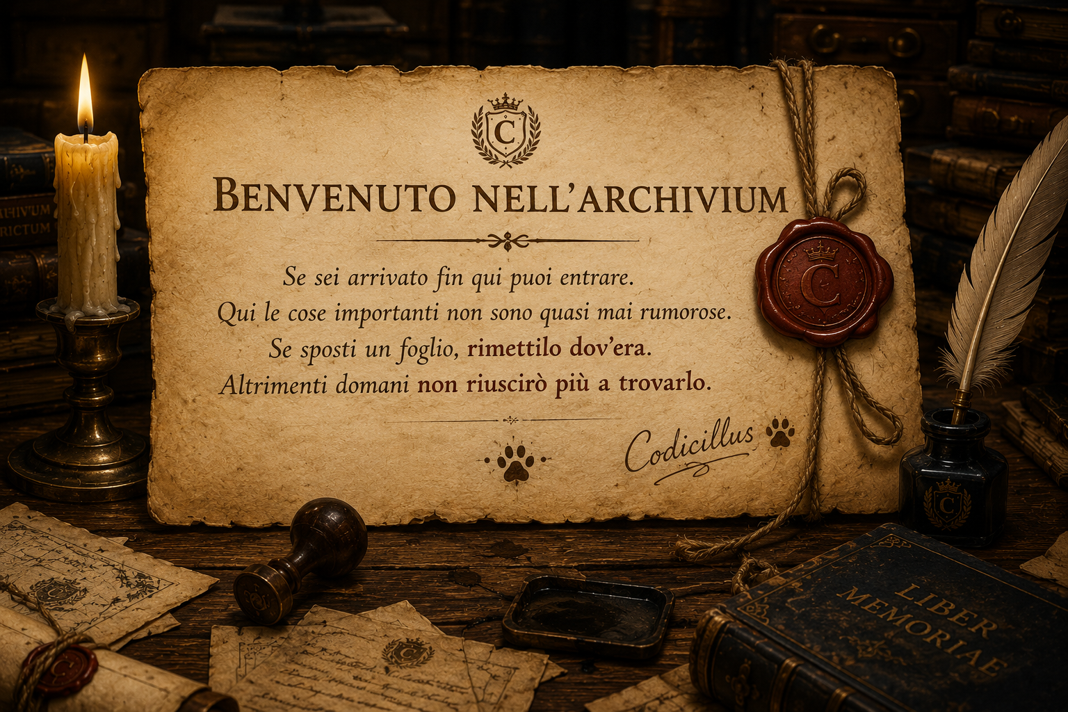 Pergamena di benvenuto lasciata da Codicillus