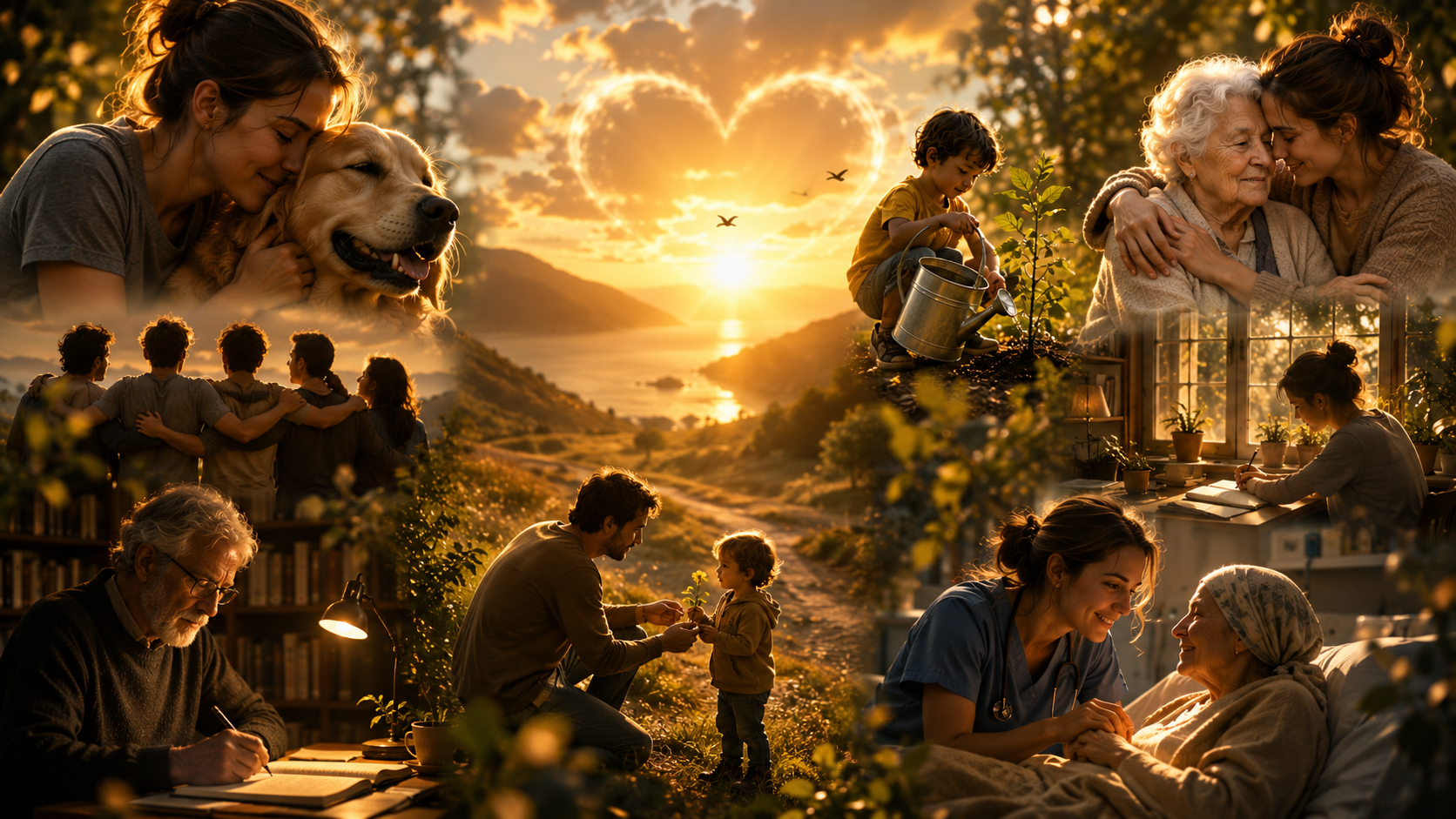 Un mosaico di scene che mostrano gesti di cura silenziosa, abbracci familiari, un uomo che scrive in biblioteca e un medico accanto a un paziente al tramonto, a evocare un testo sul legame nel tempo.